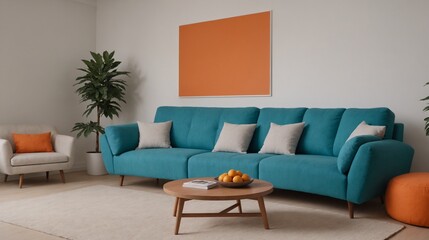 A beautifully coloured sofa and wall art interior design template, living room interior image.