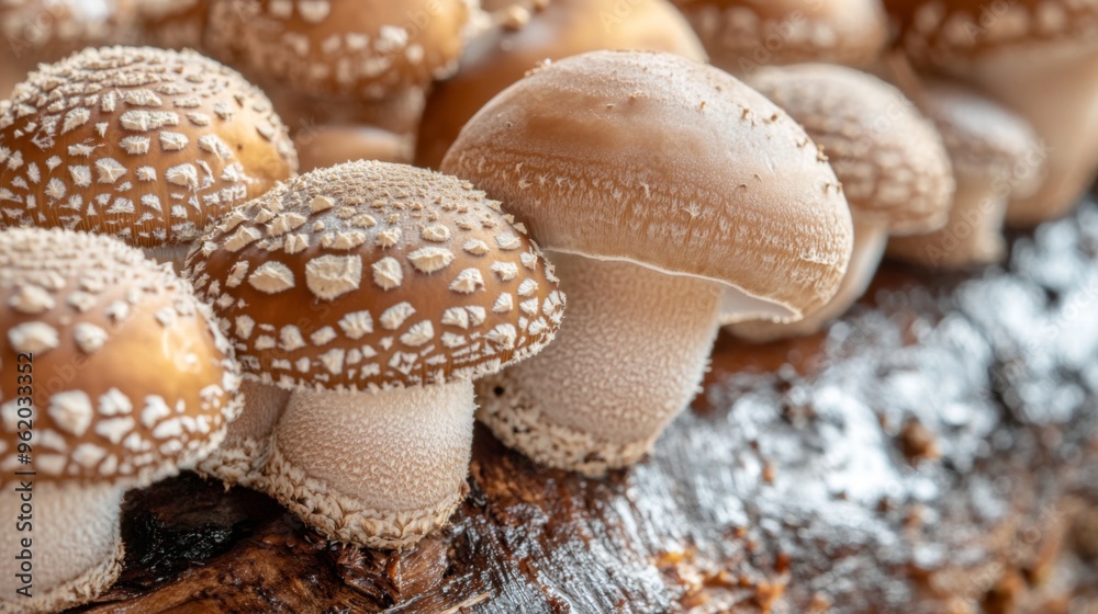 Poster close-up of shiitake mushrooms growing on a log or substrate, highlighting their natural growing env