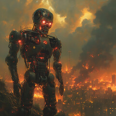 Fototapeta premium Image of a giant robot powered by artificial intelligence rising up against its creator amid chaos
