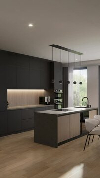 Kitchen-dining room, room in a modern minimalist style. Open space. 3D rendering. Vertical format