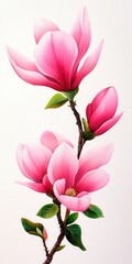 Fototapeta premium A beautiful pink magnolia flower branch showcasing vibrant blossoms and lush green leaves, perfect for spring-themed designs.