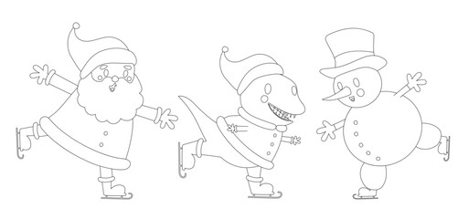 Coloring Vector Page of Funny Santa Claus, Cute Dinosaur in Santa Hat and Chubby Snowman. Coloring Book Xmas Elements: Happy Santa, Cute Snowman and Little Dino Skating Together. White Background. 