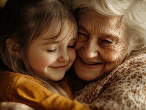 Warm Moment: Elderly Lady Hugging Little Girl