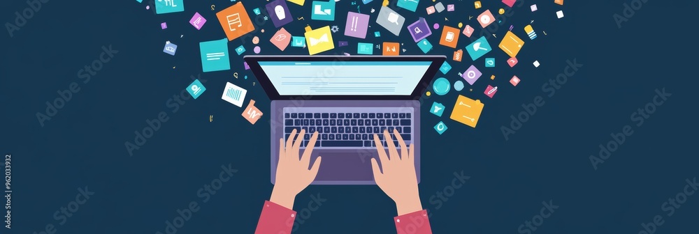 Aufkleber Hands on a laptop with digital icons floating above representing online tools. Concept of software development and coding.