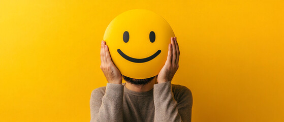 Man holding a smiley face emoji in front of his face against yellow background, positive expression and joy