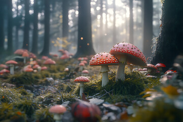An image showcasing the activity of mushroom foraging in the forest