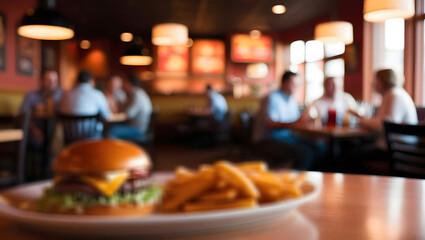 The picture in the burger shop is blurry with warm lighting inside the shop.
