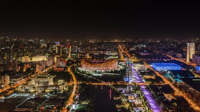 China Beijing Water Cube Bird's Nest National Sports Center night scene time-lapse footage