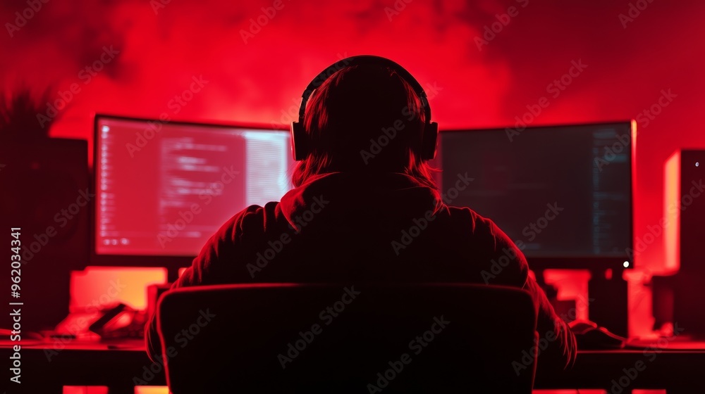 Poster Hacker in a hood coding in a dark room with red lighting and dual screens. Cybersecurity and data protection concept.