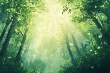 Obraz premium Sunbeams Shining Through Lush Green Forest Canopy