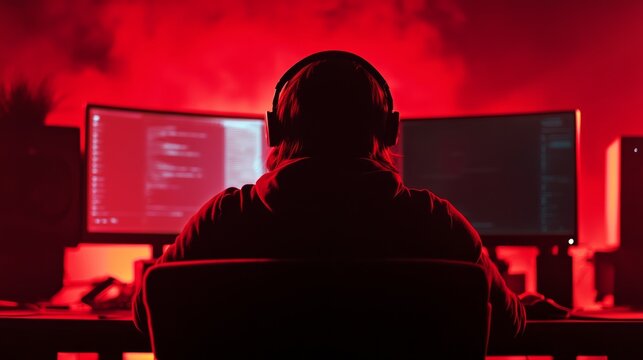 Hacker in a hood coding in a dark room with red lighting and dual screens. Cybersecurity and data protection concept.
