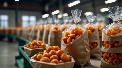 Fototapeta premium Craft Paper Bags with Dried Fruits on Factory Line