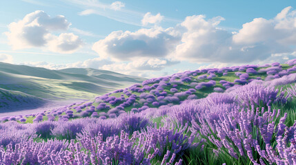 Purple Paradise: A breathtaking vista of lavender fields in full bloom, bathed in the golden glow of sunrise. Rolling hills and fluffy clouds complete this serene landscape. 