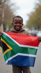 A young boy proudly holding the South African flag on a vibrant street in his neighborhood during a sunny day