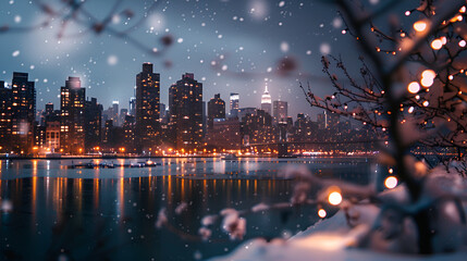 NYC Winter Wonderland: A serene snowfall blankets the iconic cityscape of New York City, creating a magical winter wonderland. The cityscape glows with warm lights reflected in the calm waters, while 