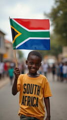 A joyful child waves a South African flag in a festive street celebration during the day