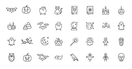 Collection halloween-themed icons bats pumpkins potion cat spell book haunted house ghost owl rat crow scarecrow skeleton skull