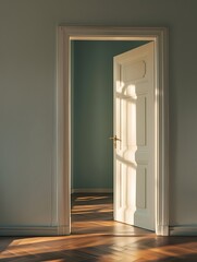 Opened wooden door With warm sunlight. Concept of opportunity and startup.  Ai generated