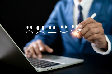 Customer satisfaction survey concept Businessman gives an excellent five-star rating Service experience score Reviews Feedback Satisfaction Excellent product quality and service.