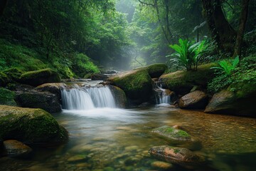 Obraz premium Serene forest scene featuring a tranquil stream flowing over mossy rocks, surrounded by lush greenery and atmospheric fog.