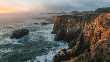Obraz premium Serene coastal landscape at sunset, featuring rugged cliffs, ocean waves, and soft fog rolling in, creating a tranquil atmosphere.