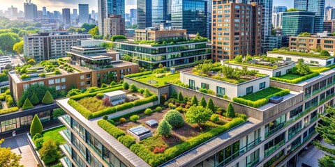 Fototapeta premium Urban Oasis Aerial View of Green Rooftops, Modern Architecture, Sustainable Living, Green roof, Sustainable city, Urban gardening
