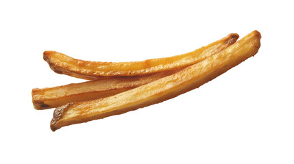 A single, thick-cut French fry with a golden-brown exterior and slightly rough surface, resting on a smooth white background, no shadows