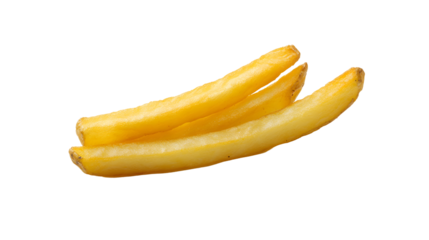 A single, thick-cut French fry with a golden-brown exterior and slightly rough surface, resting on a smooth white background, no shadows