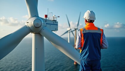 A technician inspects offshore wind turbines, showcasing renewable energy advancements and sustainable technology at sea.