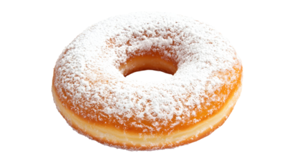 A single powdered sugar-dusted doughnut with a golden fried exterior, resting neatly on a clean white background, no shadows