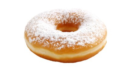 A single powdered sugar-dusted doughnut with a golden fried exterior, resting neatly on a clean white background, no shadows