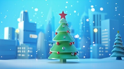 Obraz premium A charming 3D-rendered Christmas tree adorned with ornaments and a star topper, set against a snowy urban backdrop. The image captures the festive spirit with falling snowflakes, evoking a sense of