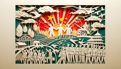 A stylized paper-cut scene representing the unity of workers, farmers, and soldiers during the 1949 proclamation, symbolizing the National Day of the People's Republic of China on October 1st.