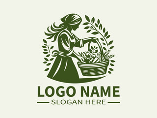 Woman Picking Vegetables Logo Design, Organic Farmer, Farm Fresh, Healthy Eating, Garden Fresh