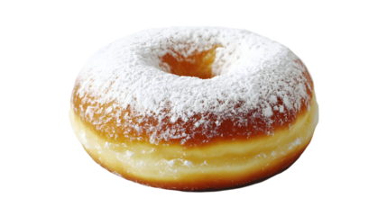 A single powdered sugar-dusted doughnut with a golden fried exterior, resting neatly on a clean white background, no shadows