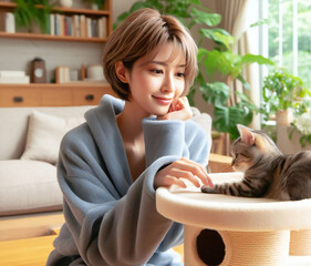 愛猫とキャットタワーで遊ぶ女性