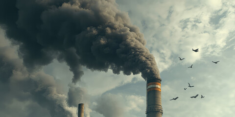 Black polluting smoke flying from a chimney against the sky. Techniques for capturing and storing co2 emissions from the atmosphere.
