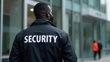 Security personnel monitoring the entrance of a modern building during the day