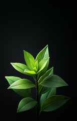 Naklejka premium A vibrant green plant sprouting against a dark black background, showcasing fresh, sharp leaves in a minimalistic and nature-focused composition