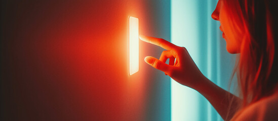 Illuminated fingertip interaction with a modern touch panel, symbolizing control, technology, and digital interfaces in a futuristic home or office setting
