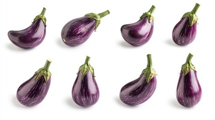 Assorted Eggplants Isolated on White Background with Clipping Path for Studio Photography