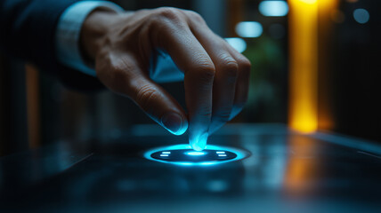 Human precision and control in futuristic digital interactions, emphasizing technology-driven innovation and touch-based interface