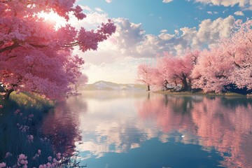 Pink Cherry Blossoms Reflecting in a Tranquil Lake
