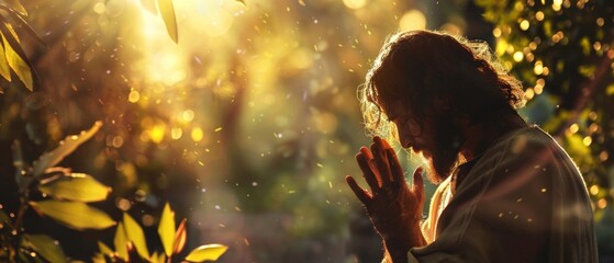 Jesus Christ in prayerful pose in front of lush vegetation under a sunny sky. Serene and spiritual ambiance with emphasis on backlight silhouette.