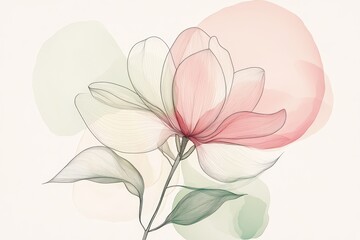 Fototapeta premium Continuous Line Art of Blooming Magnolia in Soft Pink and Green Colors