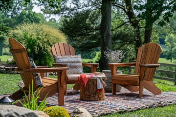 Obraz premium Adirondack chair and side table set with colorful cushions and picnic blanket on lawn, surrounded by trees and stone wall.