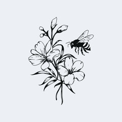 bee and blossom black logo silhouette vector illustration on a white background, easily editable
