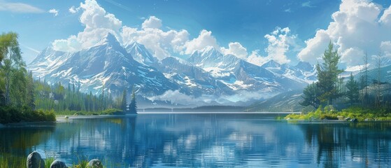 Fototapeta premium A serene landscape with a blue lake, lush greenery, snowy mountains, and a clear sky. Peaceful and idyllic, showcasing natural beauty.