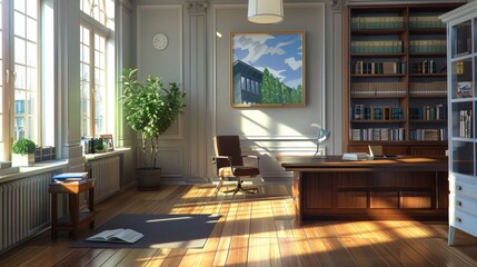 Fototapeta premium Image shows well-lit office with sunlight, large desk, laptop, books, plant, and classic decor creating serene, productive, and creative work environment.