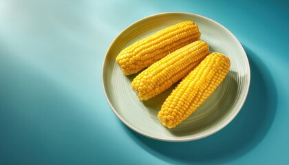 Golden Corn on Aqua: Three ears of fresh, ripe corn gleam on a blue plate, bathed in warm sunlight, a vibrant still life of summer's bounty. 